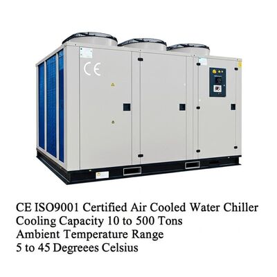 Máy làm lạnh nước làm mát bằng không khí được chứng nhận CE ISO9001, công suất làm lạnh từ 10 đến 500 tấn, phạm vi nhiệt độ môi trường từ 5 đến 45 độ C